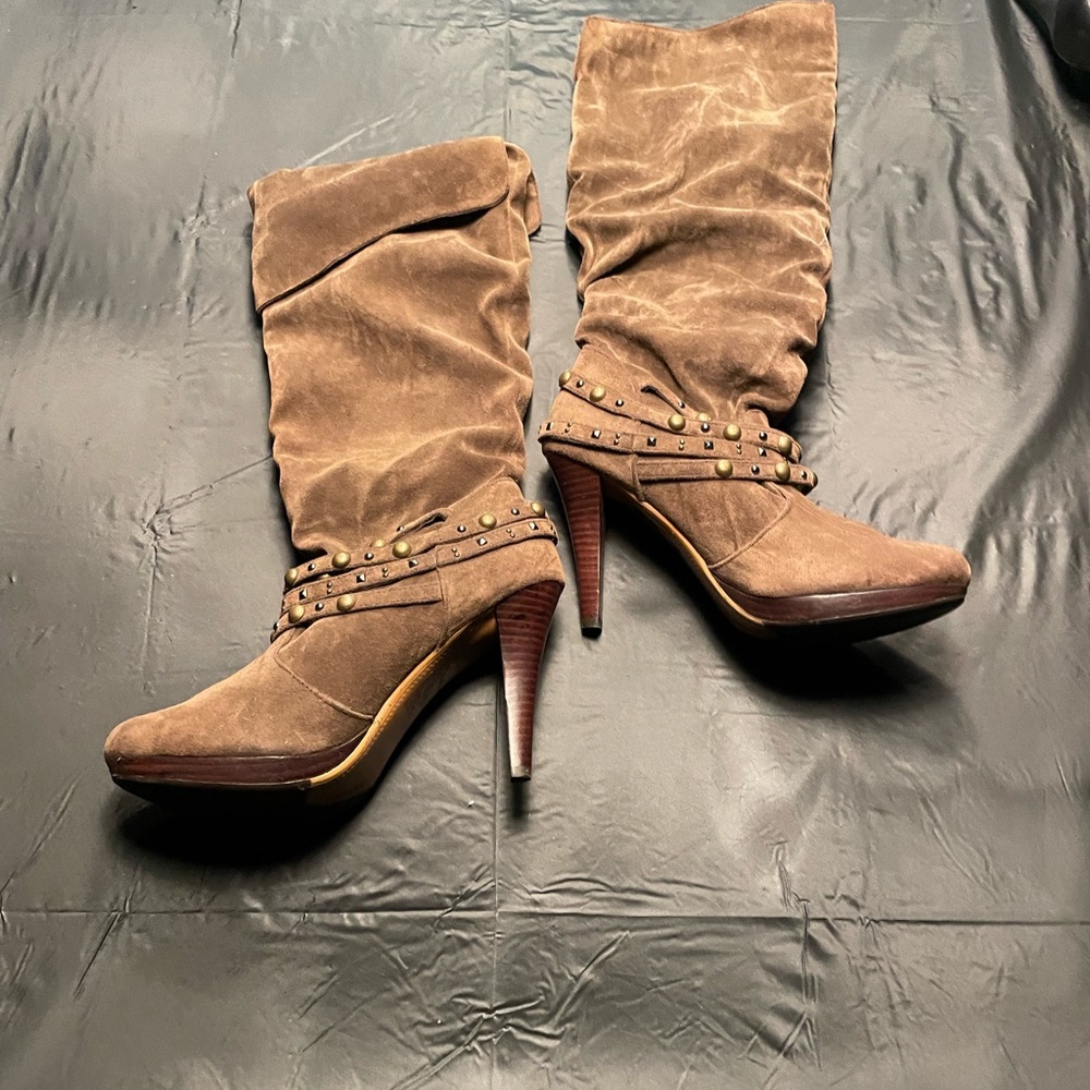 🔥SALE🔥Taupe women’s high heel fold over boots with studs and grommets